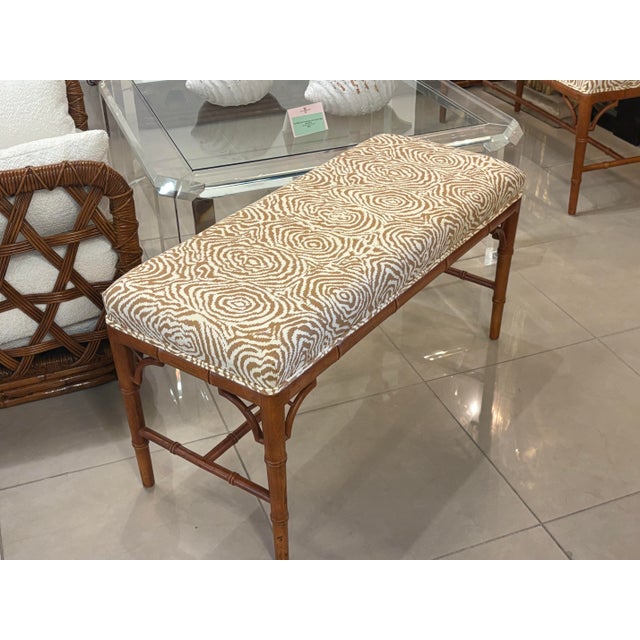 Vintage Faux Bamboo Wood Bench Newly Upholstered Quadrille Fabric For Sale - Image 11 of 12