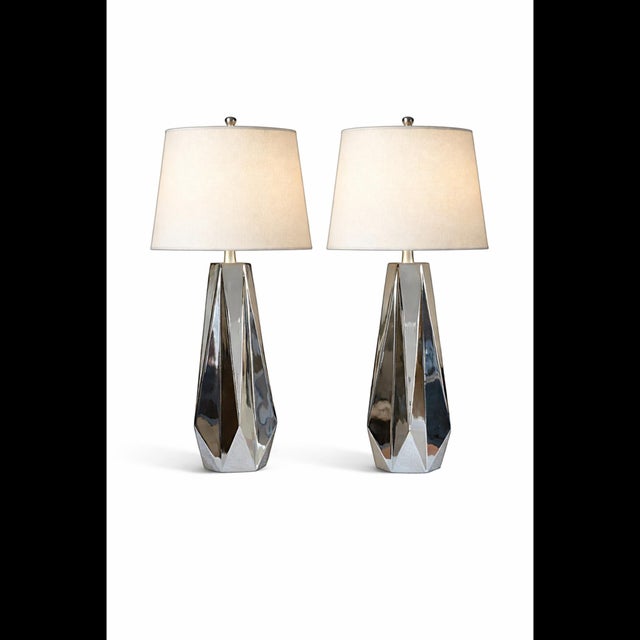 Chrome Faceted Table Lamps with Neutral Shades from Justfurnituress SRL, Set of 2 For Sale - Image 4 of 17
