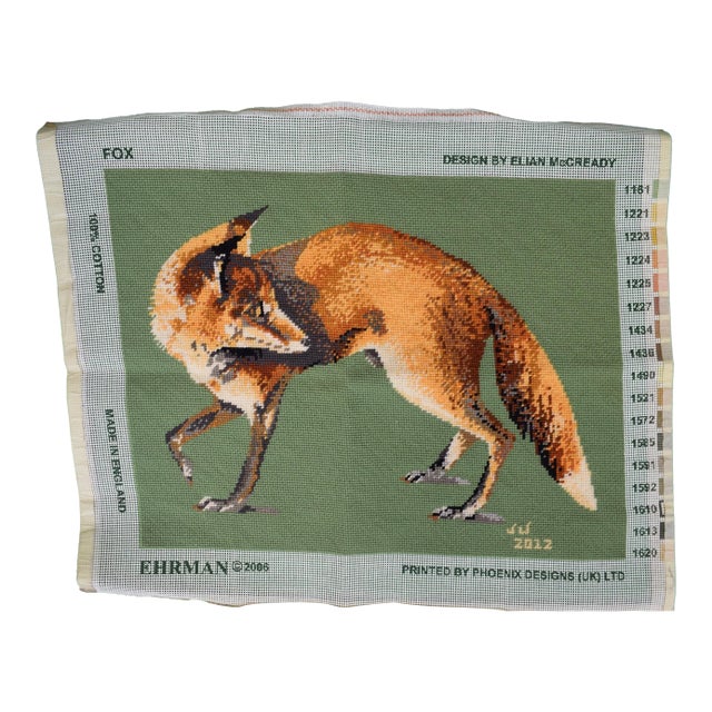 Hand Needlepoint 2012 Gold Fox/ Hunter Green Panel For Sale