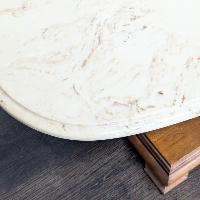 Vintage Oval Marble Top Coffee Table With Double Wood Pedestal Base For Sale In San Francisco - Image 6 of 7