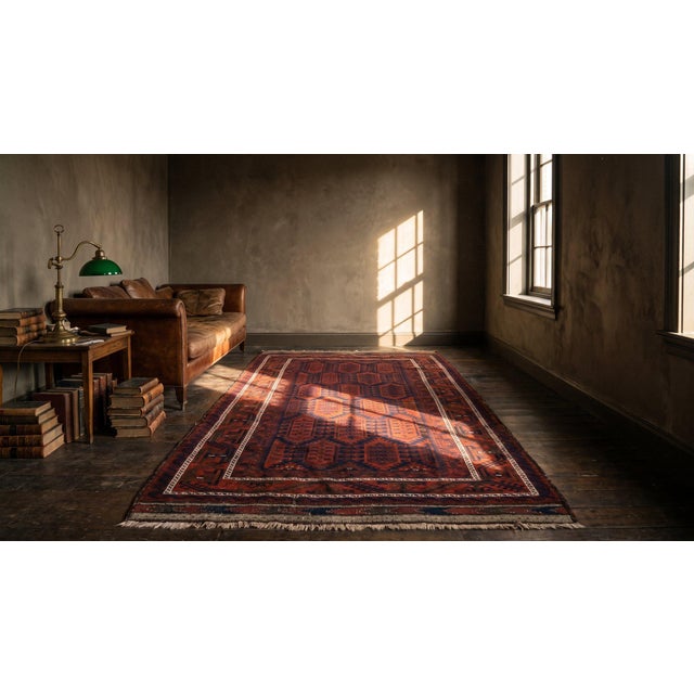 Navy Blue 1900s Blue Navy Geometric Antique Afghan Baluch Rug 4'9" X 7'8" Handknotted Wool Carpet For Sale - Image 8 of 9
