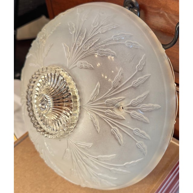Vintage Frosted Glass Flush Mount Ceiling Light Shade With Prismatic Center – Etched Botanical Motif, 10” For Sale In Houston - Image 6 of 14