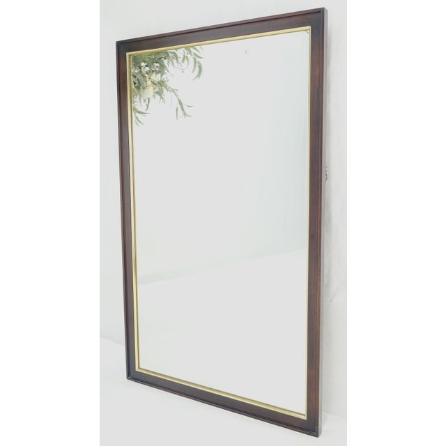 Mid Century 1970s 30x48" Rectangle Walnut 7 Brass Wall Mirror MINT For Sale - Image 6 of 7