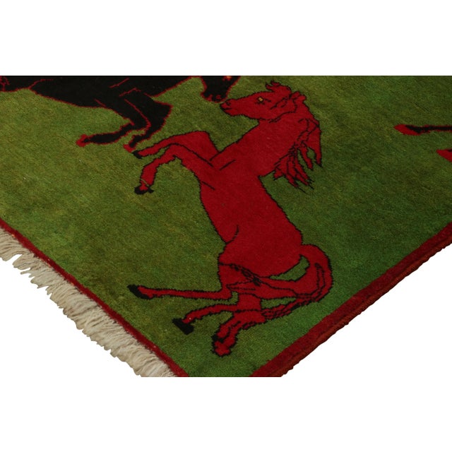 Green Vintage Afghan Rug, Green With Red and Black Horse Pictorials - Rug & Kilim For Sale - Image 8 of 9