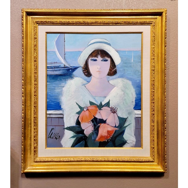Charles Levier -Woman in White w/flowers at the Marina - Oil painting Mid Century French Impressionist - Oil Painting on...