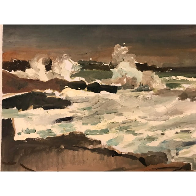 This dramatic oil of crashing waves on unstretched canvas captures the mystery and danger of the ocean. The colors of...
