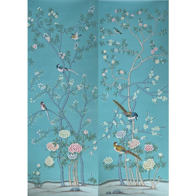 Paper Chinoiserie Style Hand-Painted Wallpaper, Turquoise Floral & Bird Mural, Wall Panels for Living Spaces For Sale - Image 7 of 9