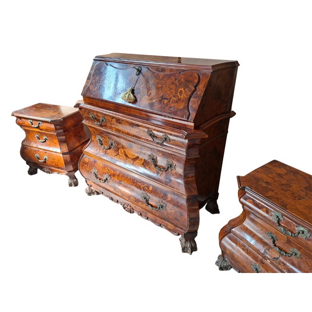 Vintage Dutch Baroque Triptych Drop-Leaf Cabinet and Inlaid Nightstands, 1920s, Set of 3 For Sale - Image 6 of 18