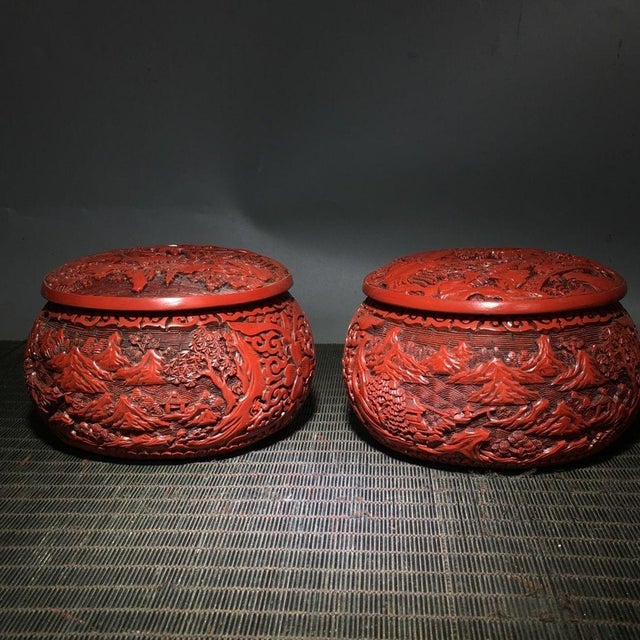 Art Deco Pair of Vintage Cinnabar Carved Lacquer Landscape Jars For Sale - Image 3 of 6