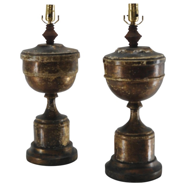 Pair of 19th Century Gilded Pedestal Lamps For Sale