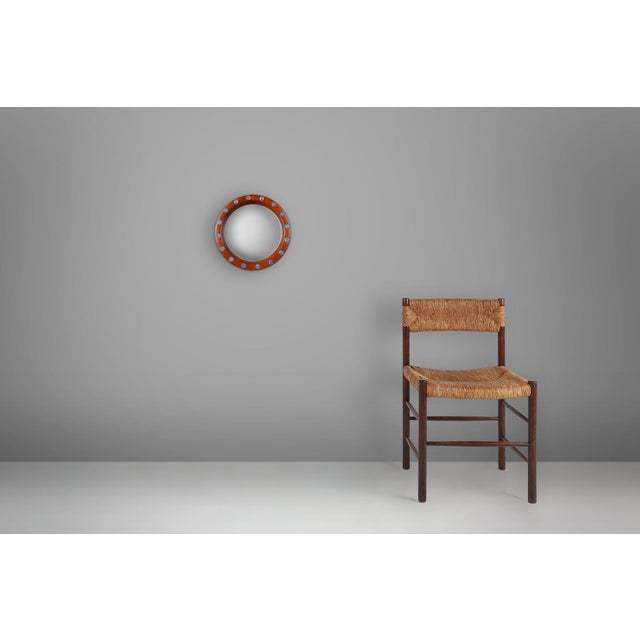 French Round Wooden Mirror with Blue and White Glass Decoration, 1960s For Sale - Image 4 of 10