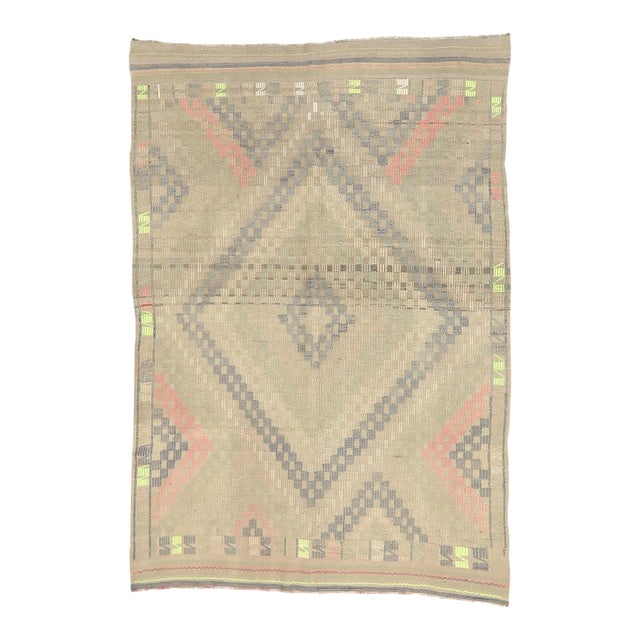 Mid 20th Century Faded Vintage Embroidered Kilim Rug For Sale