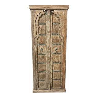 Vintage Arched Door Armoire – Limewashed Farmhouse Cabinet With Rustic European Charm For Sale