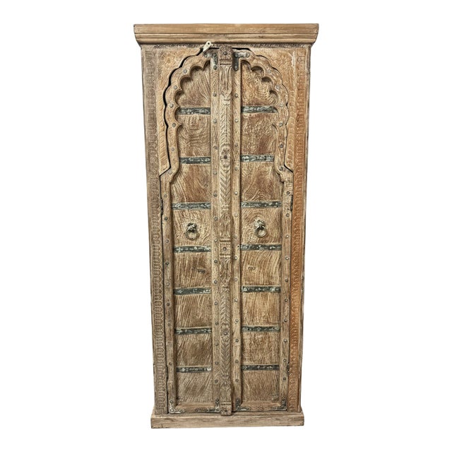 Vintage Arched Door Armoire – Limewashed Farmhouse Cabinet With Rustic European Charm For Sale