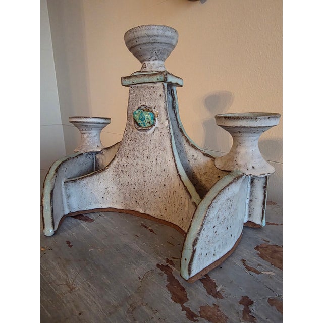 Mid Century Stoneware and Turquoise Candelabra For Sale - Image 12 of 13