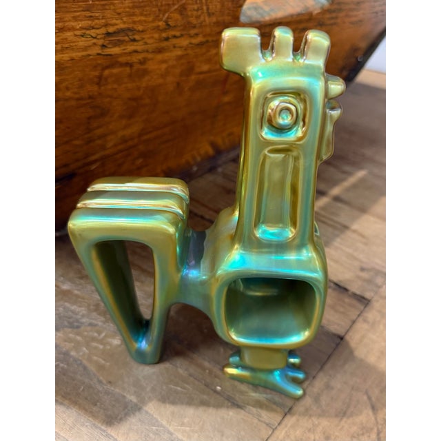 Zsolnay 1960s Judith Nador for Zsolnay Green Eosin Glazed Rooster Statue For Sale - Image 4 of 9