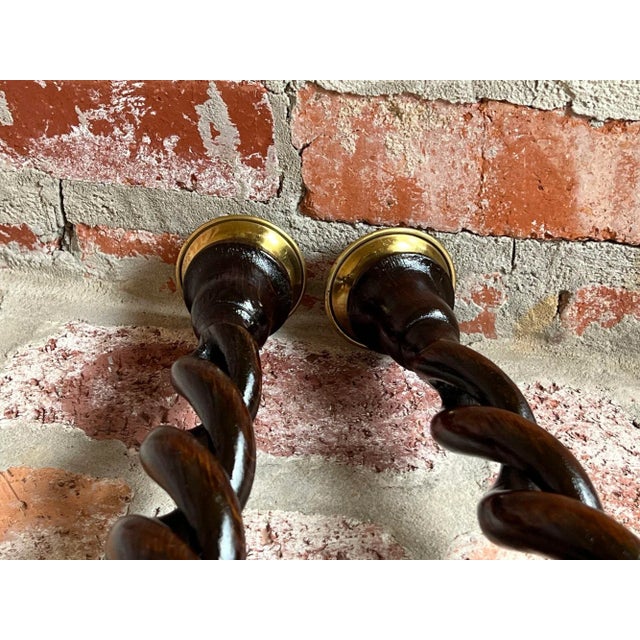 Pair Set Antique English Oak Open Barley Twist Candlesticks Candle Holder Brass For Sale - Image 11 of 12