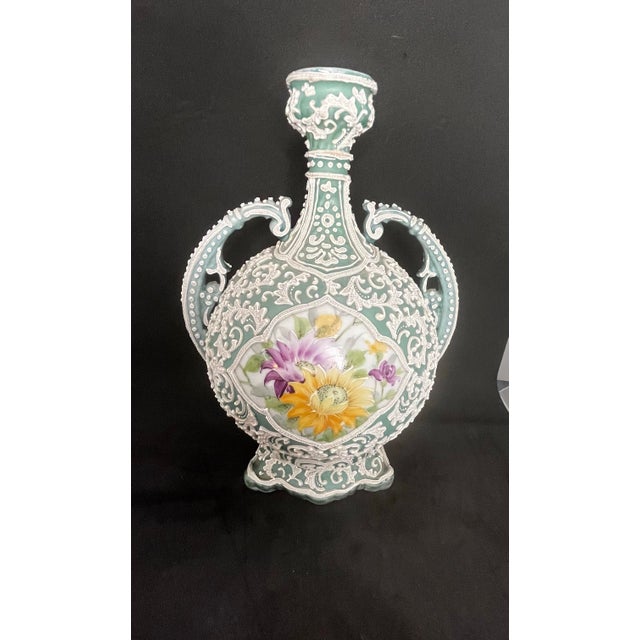 Japanese Moriage Double Handle Bottle Vase Hand Painted Floral Porcelain 10” For Sale - Image 11 of 11