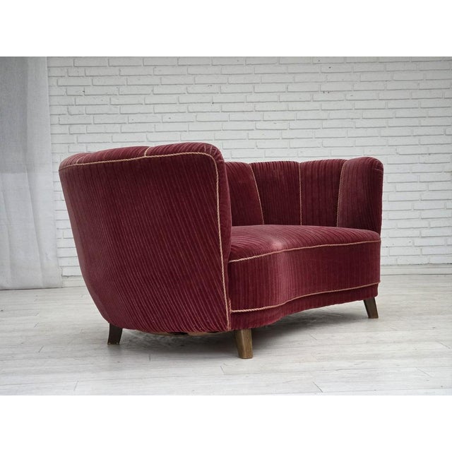 Wood Danish 2-Seater Banana Sofa in Red Velour and Oak, 1970s For Sale - Image 7 of 18