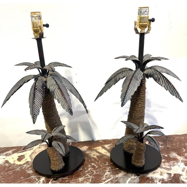 Late 20th Century Late 20th Century Pair of British Colonial Style Tole and Rope Double Palm Tree Lamps For Sale - Image 5 of 12