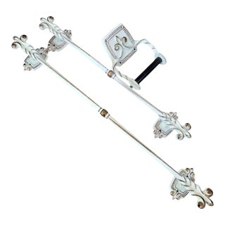 3 Vintage Amerock Bonaventure Hollywood Regency Bathroom Fixtures White Gold Towel Holders + Toilet Paper Holder For Sale
