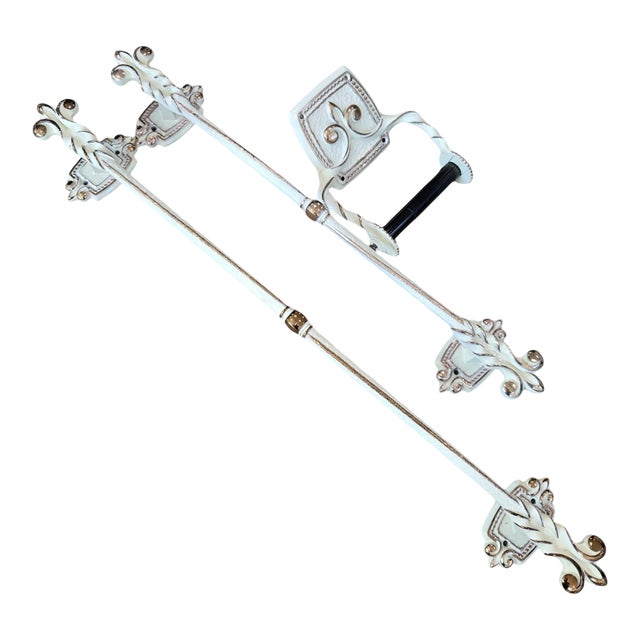 3 Vintage Amerock Bonaventure Hollywood Regency Bathroom Fixtures White Gold Towel Holders + Toilet Paper Holder For Sale