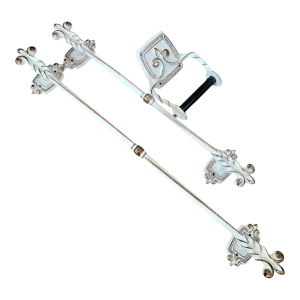 3 Vintage Amerock Bonaventure Hollywood Regency Bathroom Fixtures White Gold Towel Holders + Toilet Paper Holder
