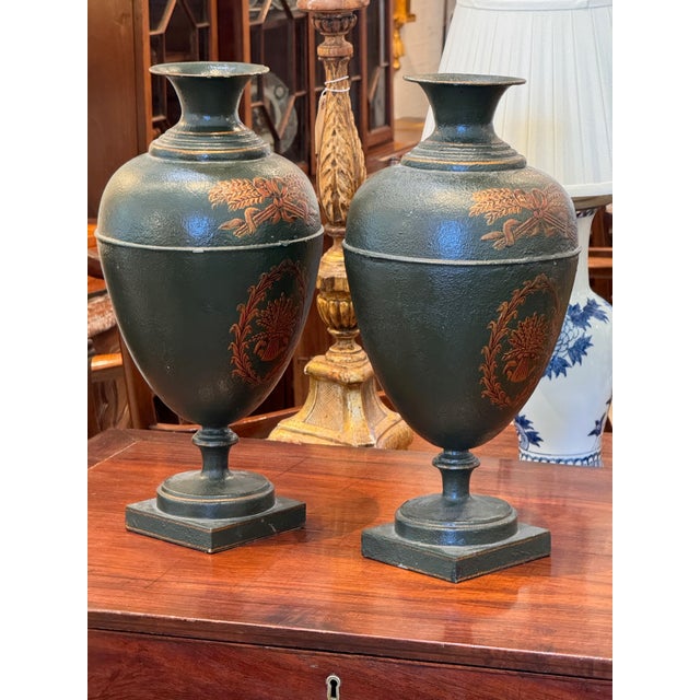 Pair of Neoclassical Tole Urns For Sale - Image 11 of 11