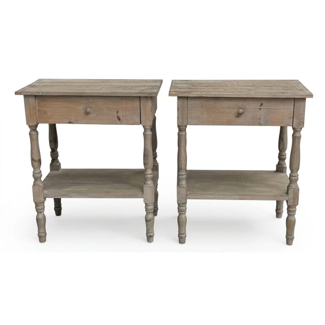 Great looking pair of whitewashed weathered pine side tables. Nice size measuring 26 1/2" wide, 17 1/2" deep and 31" tall....