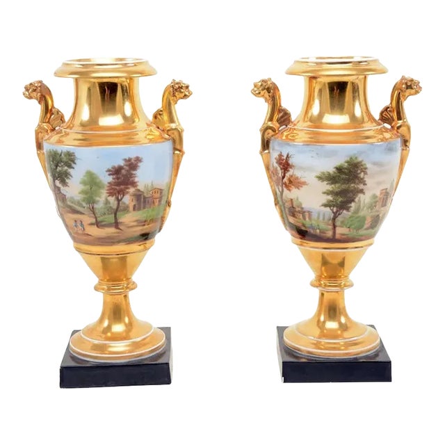 Antique Early 19th Century Porcelain Decorated Mounted Urns - A Pair For Sale