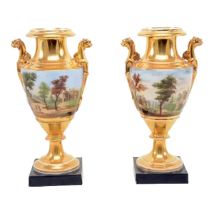 Antique Early 19th Century Porcelain Decorated Mounted Urns - A Pair
