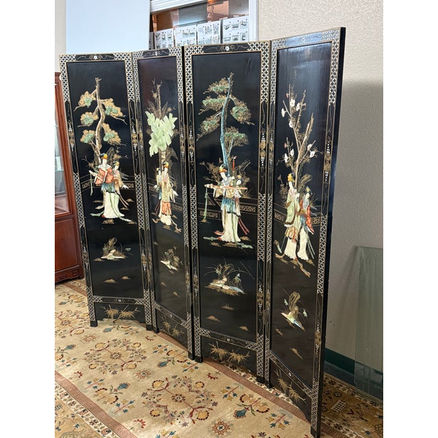 Black Asian Black Lacquer Four-Panel Folding Screen, Vintage For Sale - Image 8 of 16