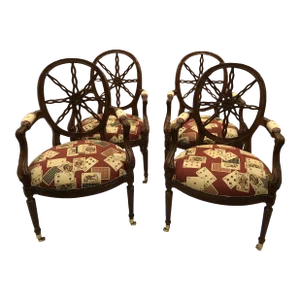 Maitland Smith Carved Wood & Upholstered Armchairs -Set of 4