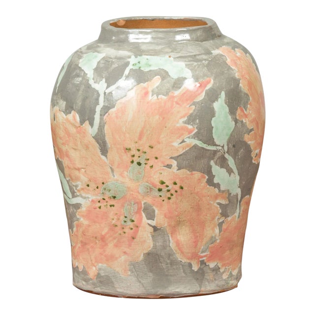 Contemporary American Collection Ceramic Vase with Large Orange Flowers For Sale