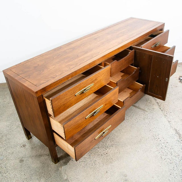 1960s Mid Century Modern Dresser Credenza 9 Drawer Stanley Walnut High Danish For Sale - Image 10 of 11