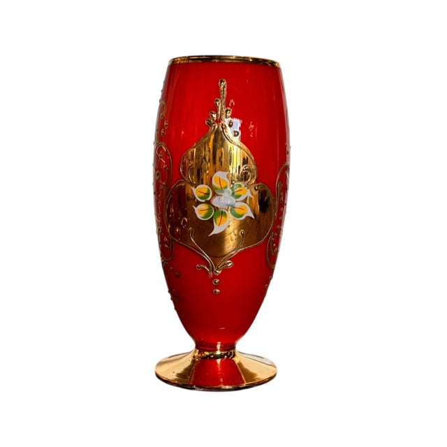 Red Mid 20th Century Bohemian Hand-Enameled Cased Glass Pitcher & Goblet Set With Ornate Gold Overlay - 7 pcsc For Sale - Image 8 of 11