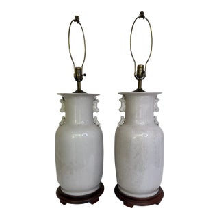 Vintage Large Chinese Blanc De Chine Crackle Glazed Porcelain Foo Dog Handle Table Lamps on Hardwood Bases a Pair For Sale
