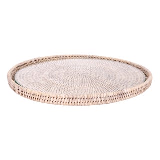 Artifacts Rattan 14" Round Serving Tray, White Wash with Glass Insert For Sale