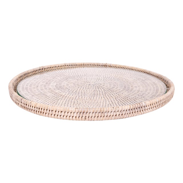 Artifacts Rattan 14" Round Serving Tray, White Wash with Glass Insert For Sale