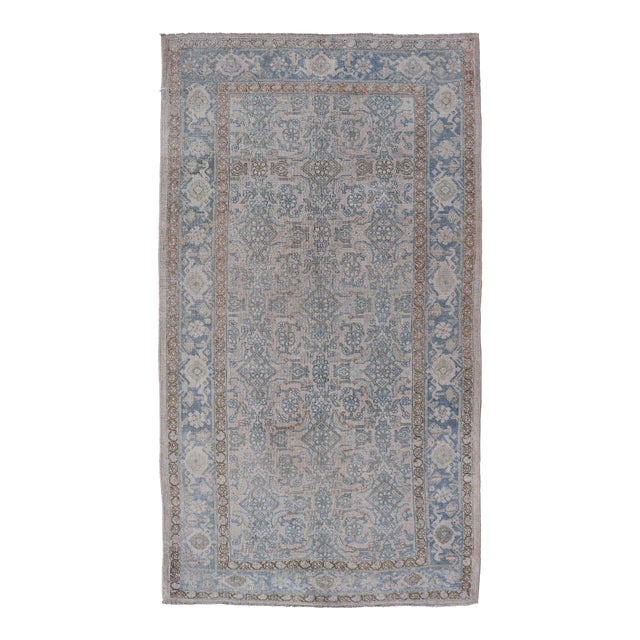 Elegant Antique Bidjar Rug With Subtle Floral Motifs and Soft Blue and Beige Palette For Sale