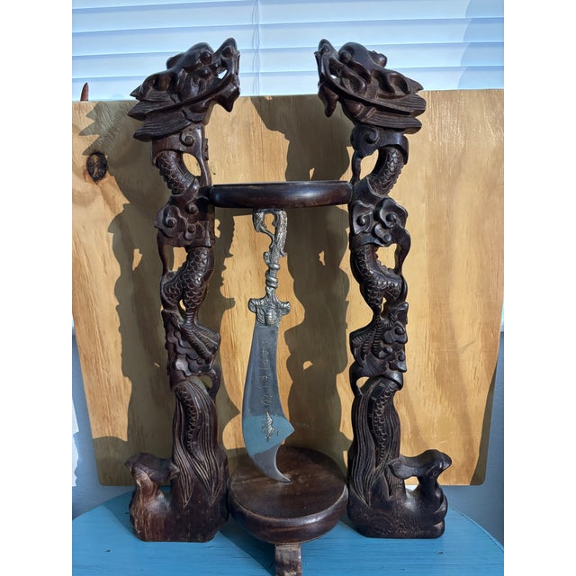 Antique Carved Wood Scabbard Footed Sword Holder with Dragon Beasts For Sale - Image 9 of 12