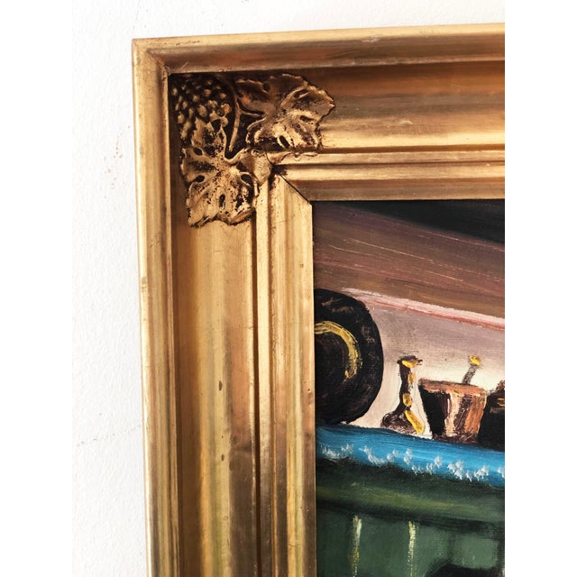 A vintage original oil painting of a cottage interior, dating from the 1940s. The painting shows an interior scene of a...