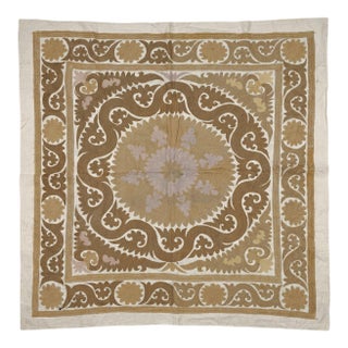Suzani Wall Hanging — Terracotta Uzbek Tablecloth 5'0'' X 5'5'' For Sale