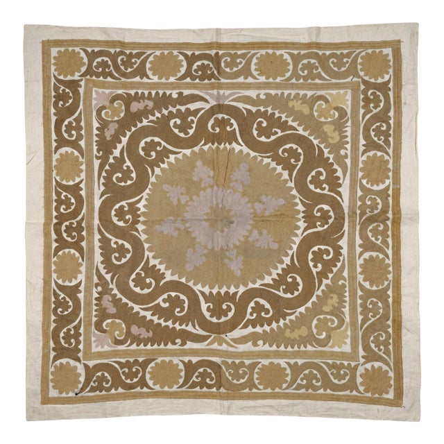 Suzani Wall Hanging — Terracotta Uzbek Tablecloth 5'0'' X 5'5'' For Sale