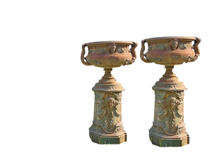 19th Century Cast Iron Chateau Vases, Set of 2