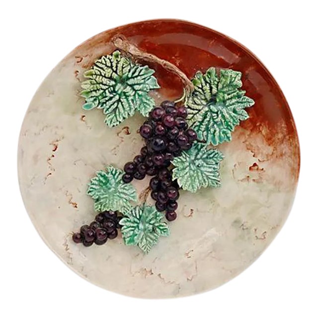 Large French Majolica Trompe L’oeil Grape Wall Plate For Sale