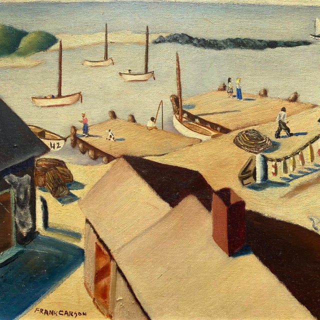 Sky Blue Frank Carson Vintage 1942 Modernist " Provincetown Bay Beach, Waterfront Seascape " Framed Original Signed Post-Impressionist Oil Painting For Sale - Image 8 of 16