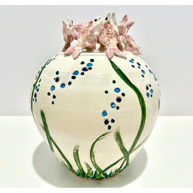 Sue Mattox Signed Art Pottery Vase Koi Fish Rim Sculptural Coastal Vessel For Sale - Image 12 of 13
