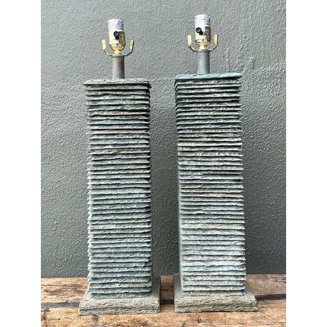 Verdigris Vintage Stacked Stone Table Lamps - Pair For Sale - Image 8 of 14