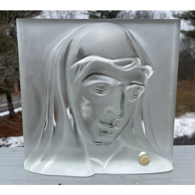 Deco - Mid Century Vintage Frosted Art Glass Madonna Statuette Crystal Plaque For Sale - Image 13 of 17